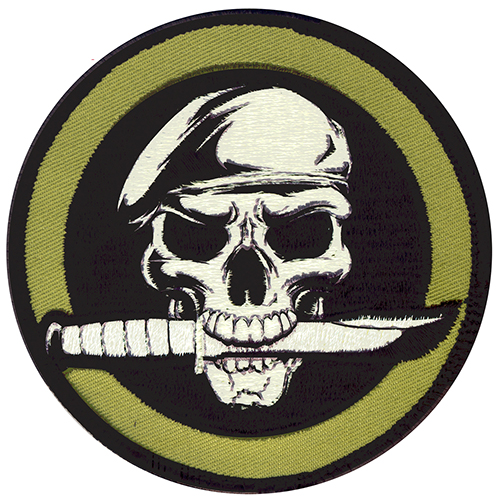 Skull and Knife Moral Patch Tan + Green Hook and Loop Material - Click Image to Close